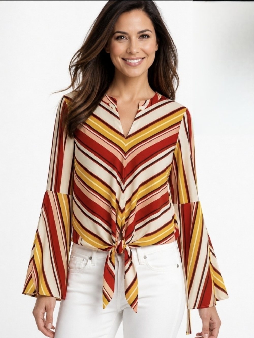 Fever Bell Sleeve Tie Front Hi-Low Tuxedo Back Red Yellow Chevron Stripe Top NWT